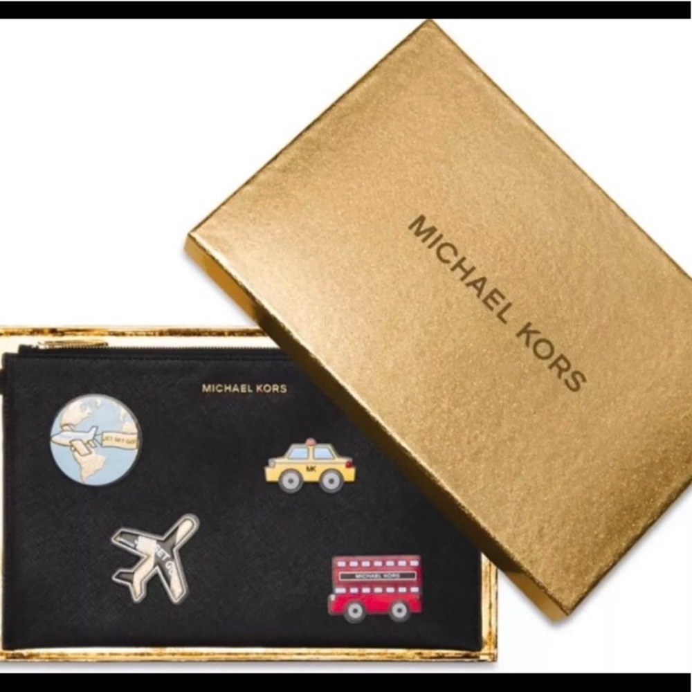 NWT Michael Kors XL Sticker Bar Leather Clutch BLK